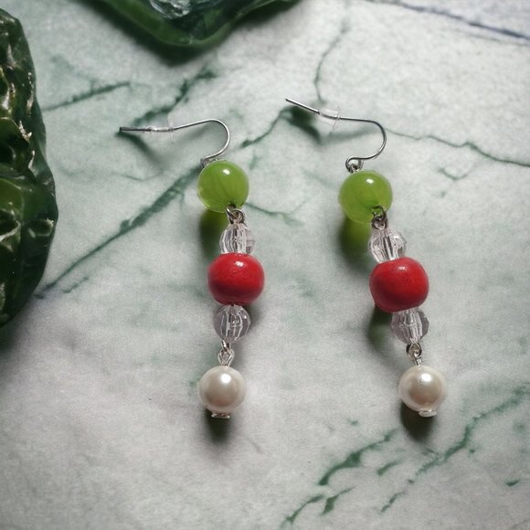 Holiday Dangle Earrings Vintage Earrings Womens Red Green Jewelry Costume - Picture 1 of 5